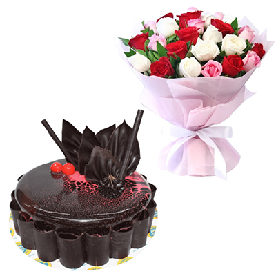 "Choco Strawberry Cake - 1kg, Bouquet of 25 Mixed Roses - Click here to View more details about this Product